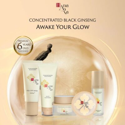 Hana Ara five-product bundle with cleanser, serum, cream, peel-off mask, and glow cushion